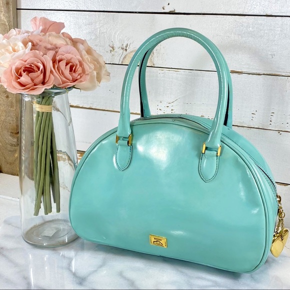 Moschino Couture Tiffany Blue Patent Leather Bowler Bag w/ Crossbody Strap